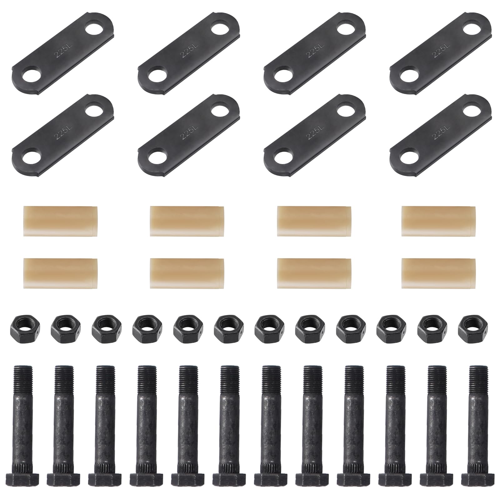 Racewill front view of complete shackle kit showing straps bolts and bushings for quick identification and use