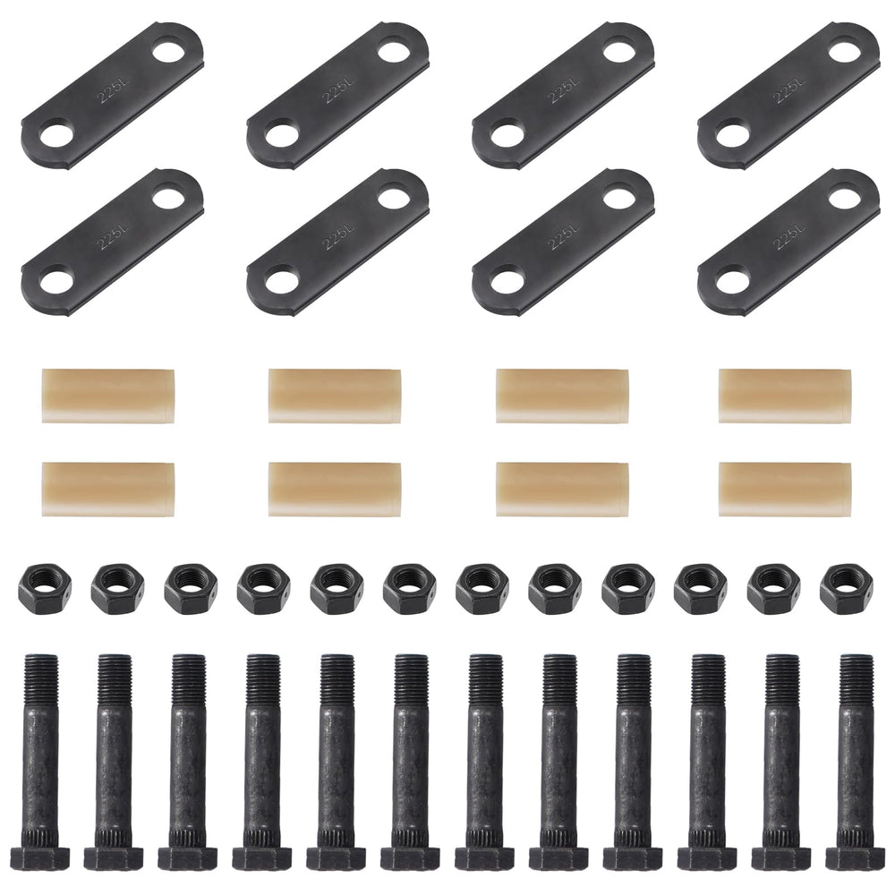 Racewill front view of complete shackle kit showing straps bolts and bushings for quick identification and use