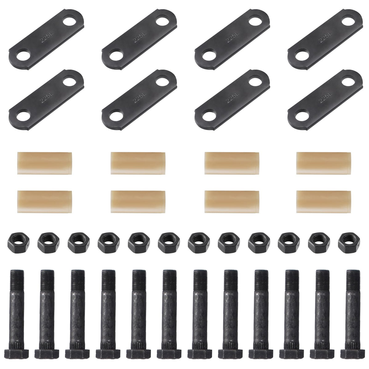 Racewill front view of complete shackle kit showing straps bolts and bushings for quick identification and use