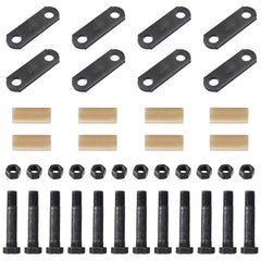 Racewill front view of complete shackle kit showing straps bolts and bushings for quick identification and use