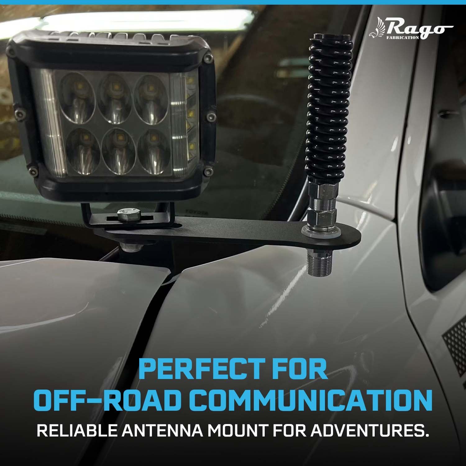 Rago Fabrication installed with antenna demonstrating sturdy support on rough terrain