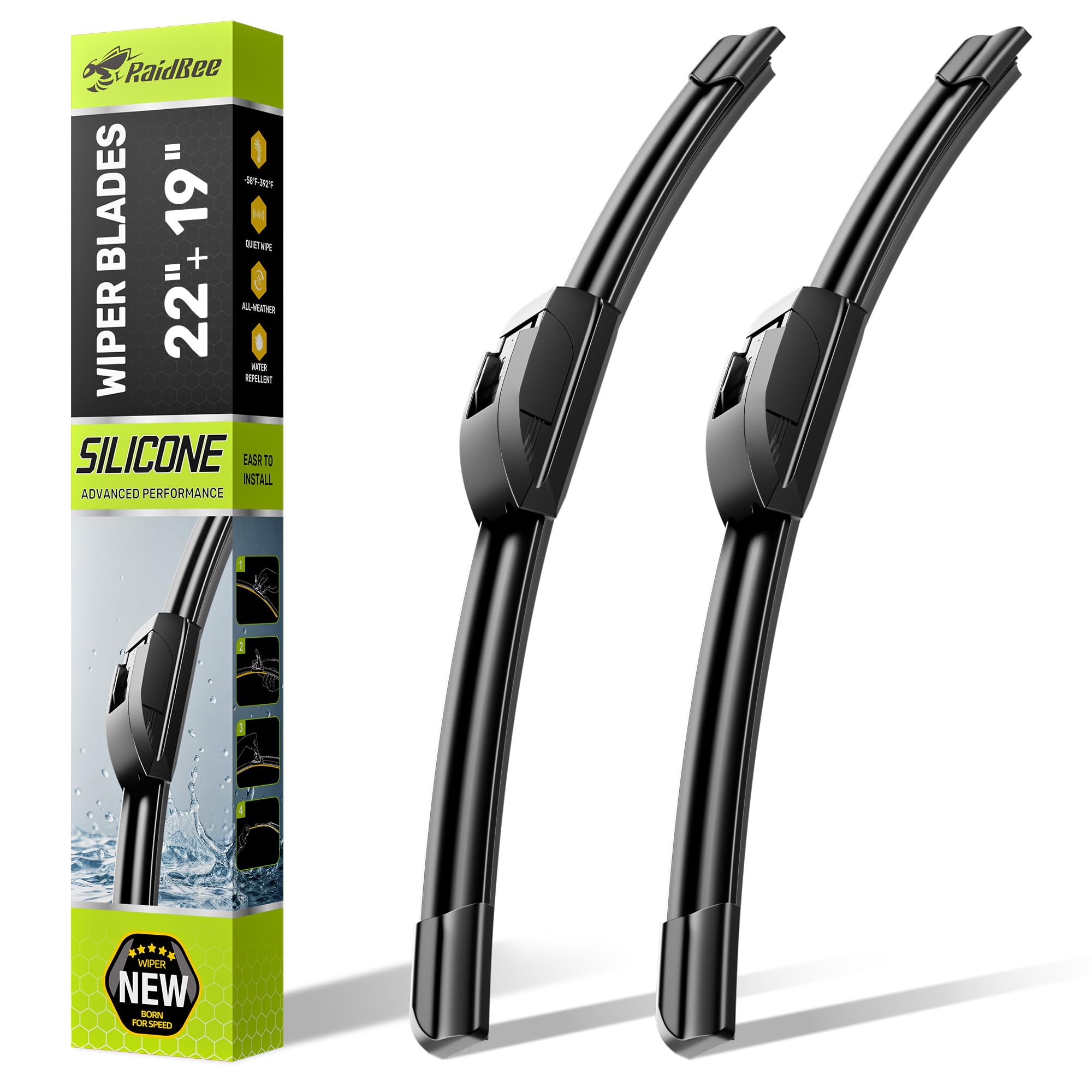 RaidBee front view of packaged 22" and 19" wiper blades showing contents and fitment