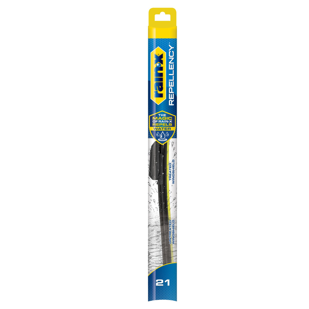 Rain‑X front packaging showing 21-inch blade and benefits for clearer visibility