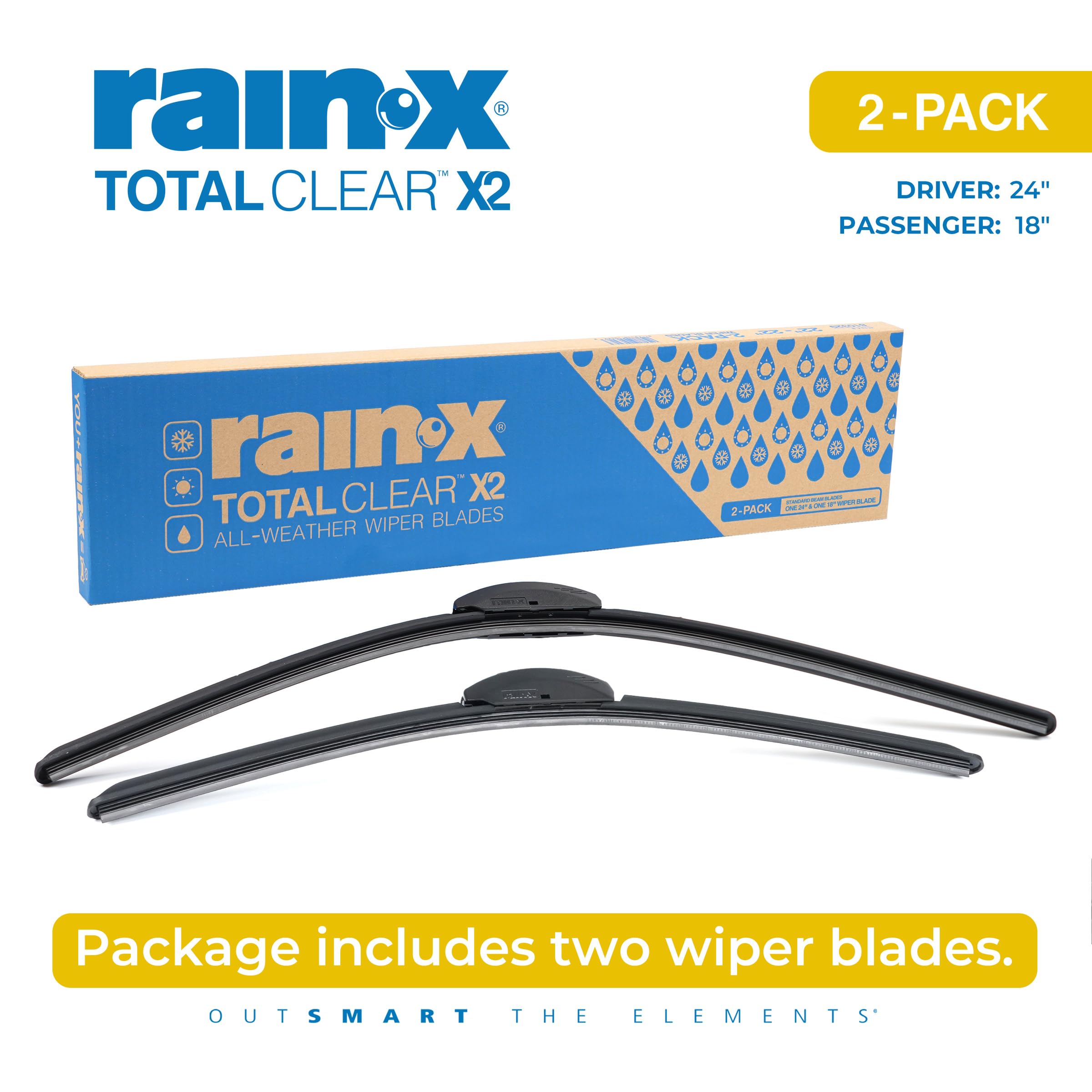 Rain‑X blades beside ruler showing 24 and 18 inch sizes for correct fit