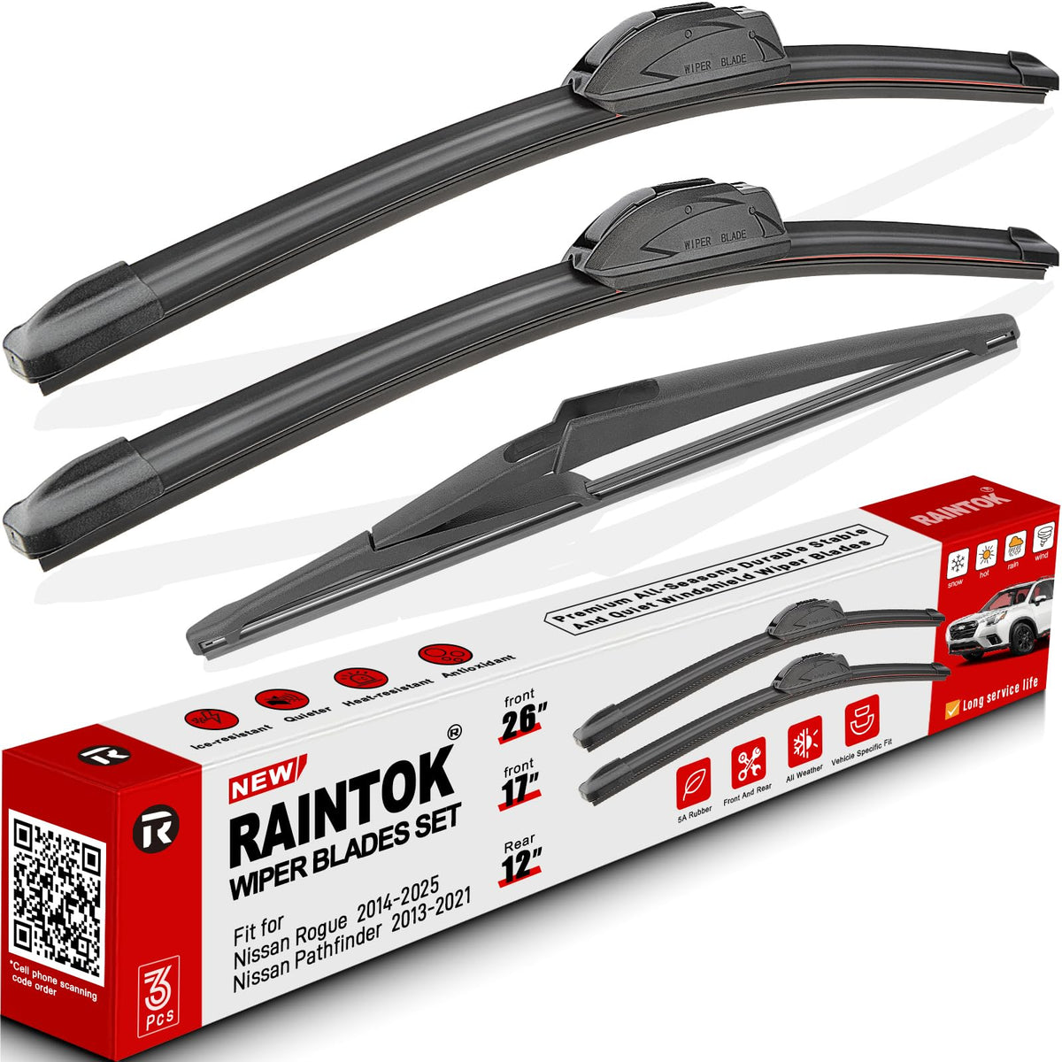 Raintok front packaging showing three-blade kit and fitment benefit