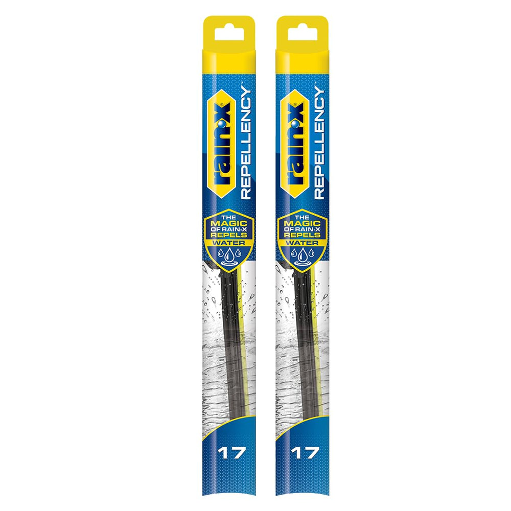 Rain-X front packaging showing 17" blades and product benefits for clearer visibility