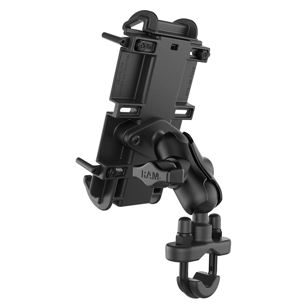 RAM MOUNTS mounted on motorcycle handlebar demonstrating secure positioning while riding