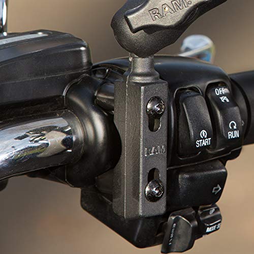 RAM MOUNTS reservoir base installed on motorcycle demonstrating rugged use and compact profile