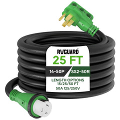RVGUARD front view of 50 amp 25ft cord showing connectors and durable jacket Benefit: clarity on size