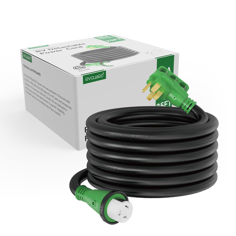 RVGUARD cord plugged into RV pedestal at campsite Benefit: reliable shore power delivery