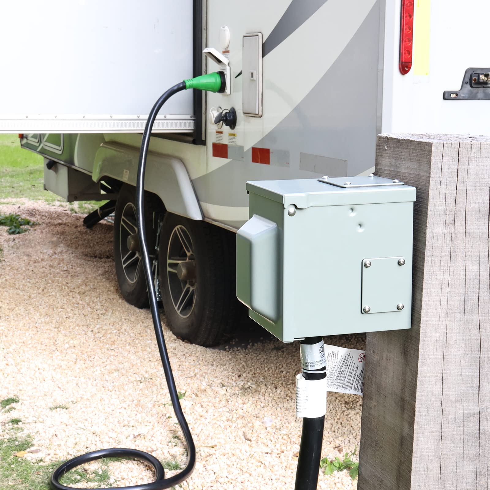 RVGUARD LED indicator glowing green on cord end Benefit: instant power confirmation