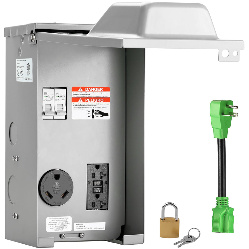 RVGUARD front view with cover open showing outlets and space for safe connections