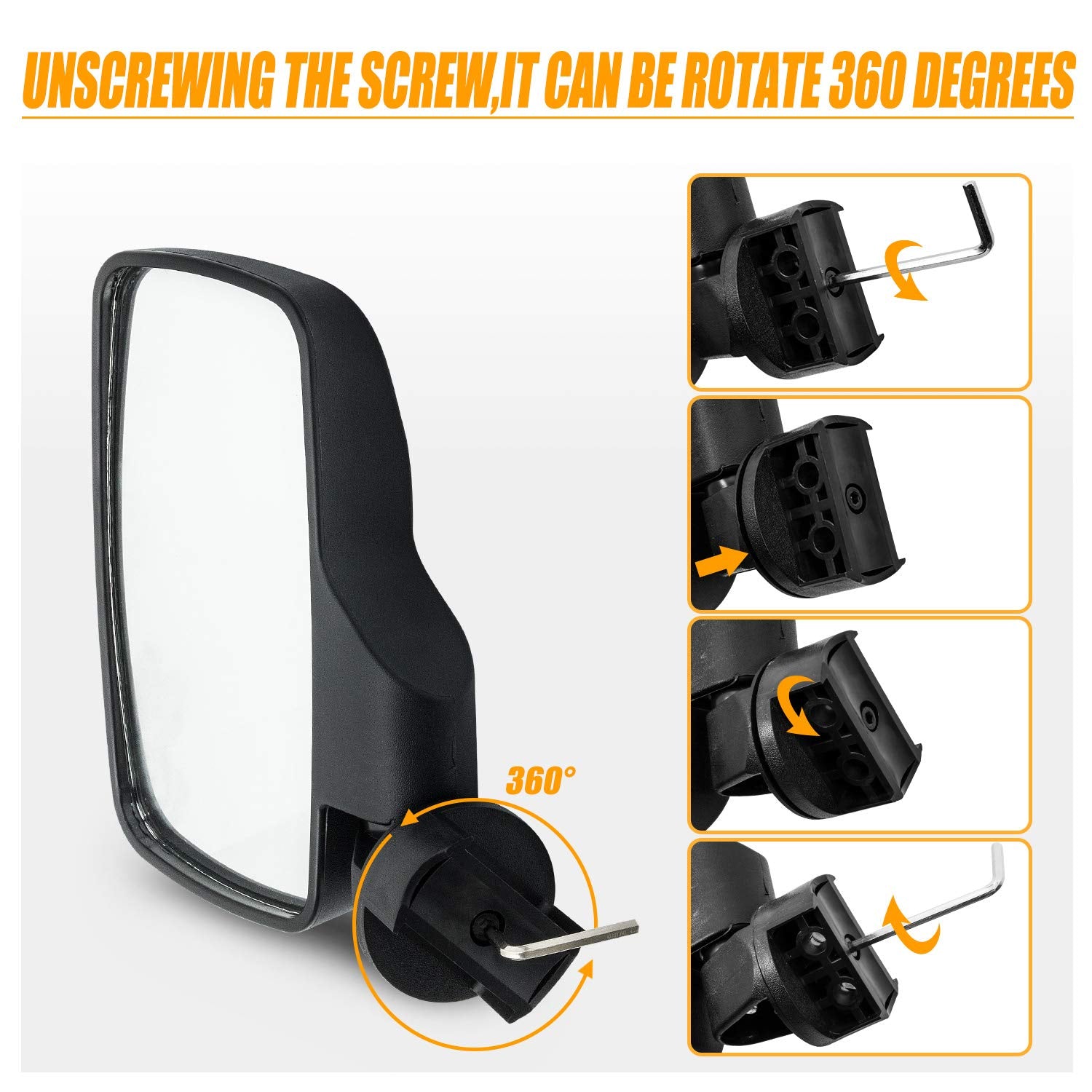 RANSOTO mirrors next to measuring tape showing fit for 1.75" to 2" roll bars