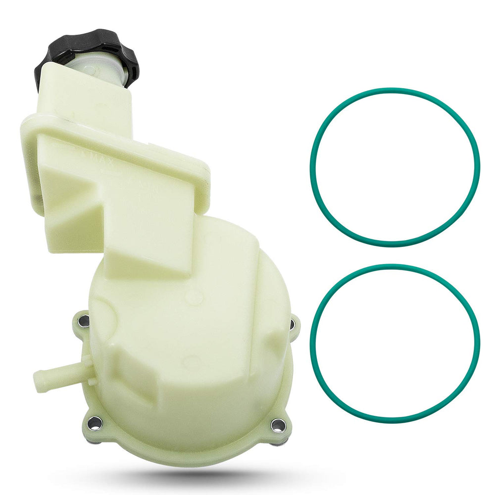 RANSOTO power steering reservoir front view showing mounting points and benefits
