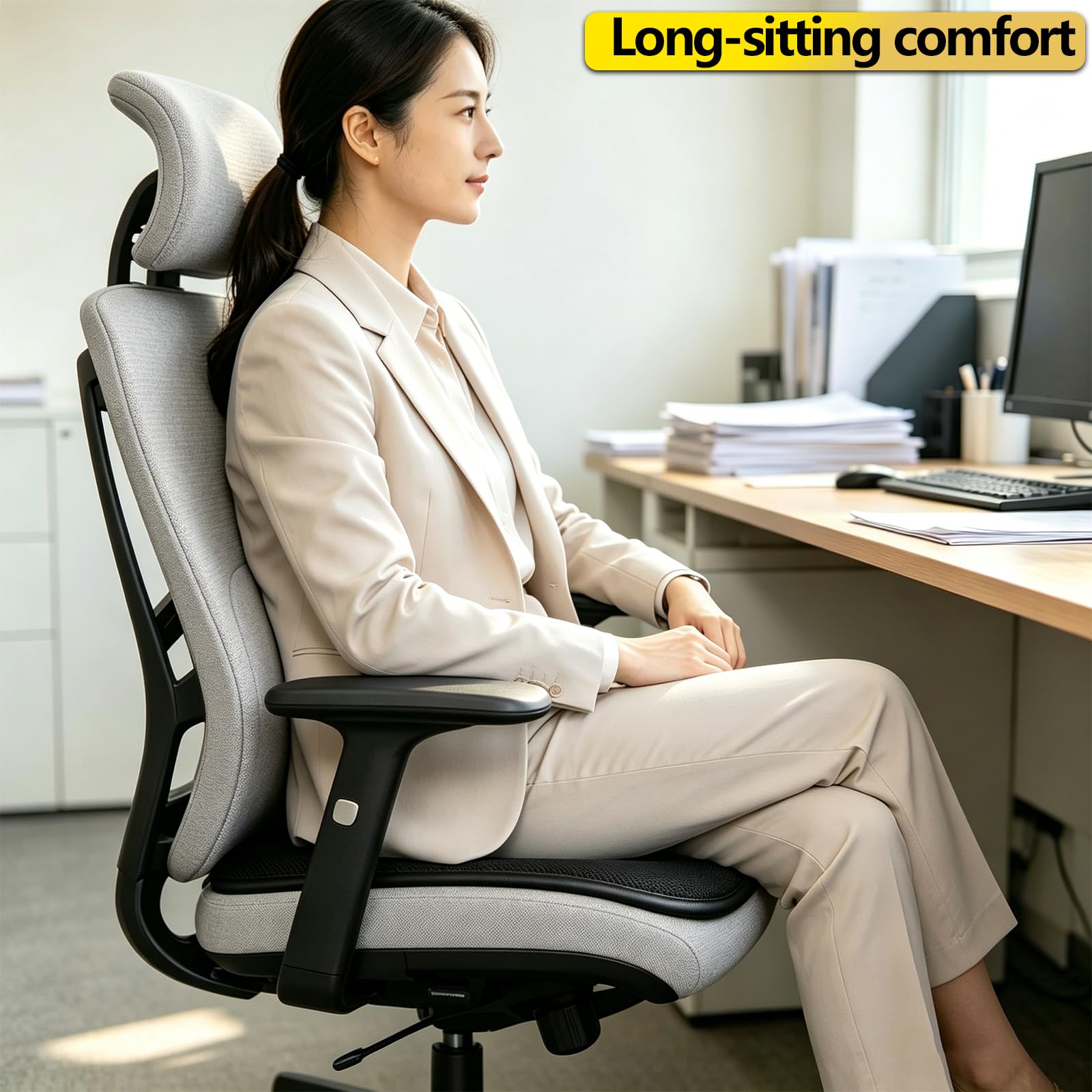 RaoRanDang on an office chair showing size and ergonomic upgrade
