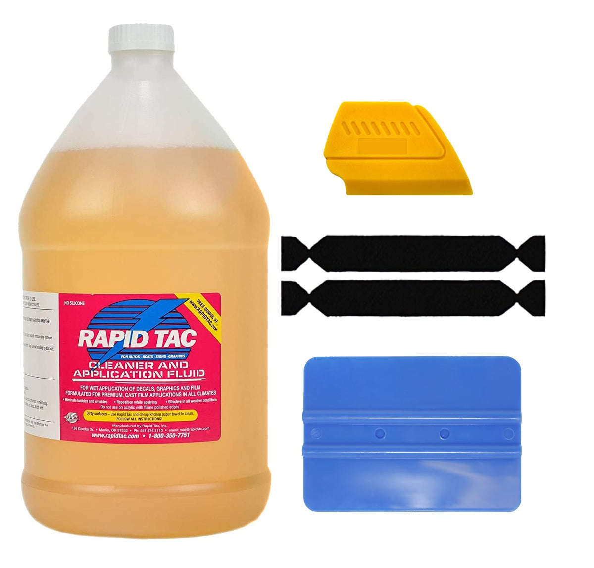 RapidTac 128 oz bottle front view showing spray top and included squeegees for easier installs