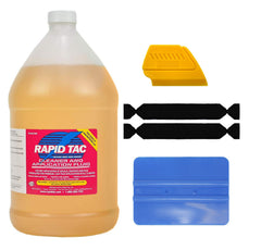 RapidTac 128 oz bottle front view showing spray top and included squeegees for easier installs