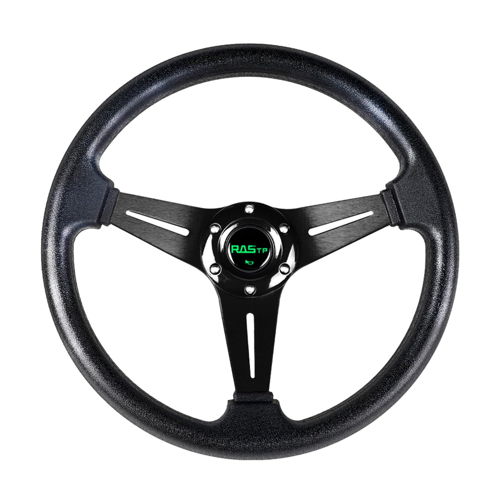 RASTP front view of steering wheel showing sporty shape and black finish for style