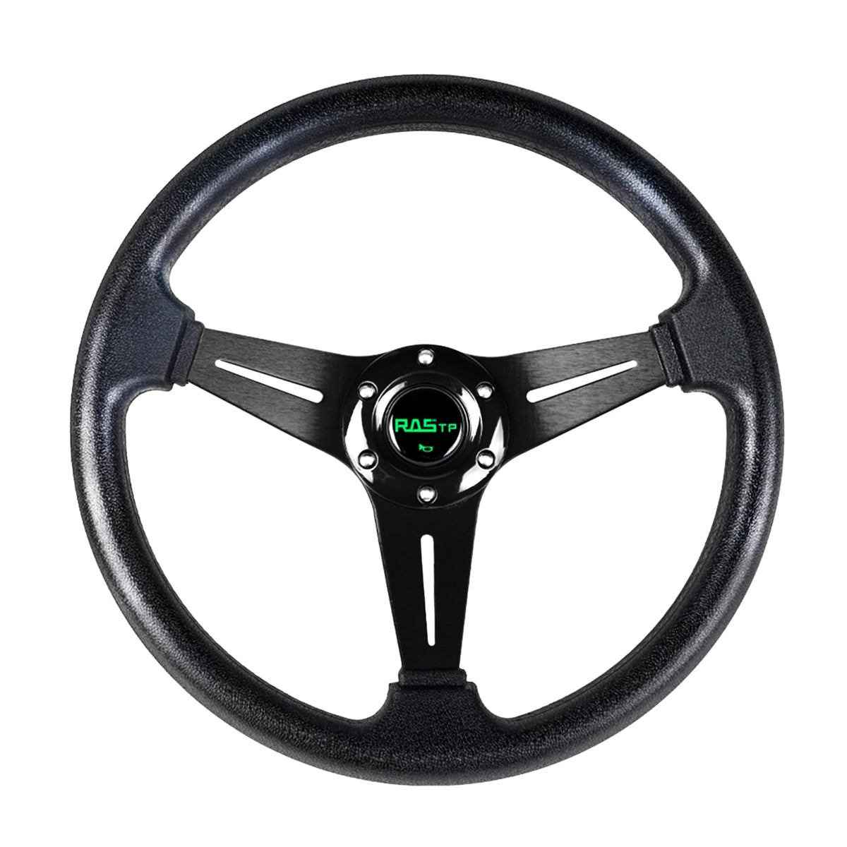 RASTP front view of steering wheel showing sporty shape and black finish for style