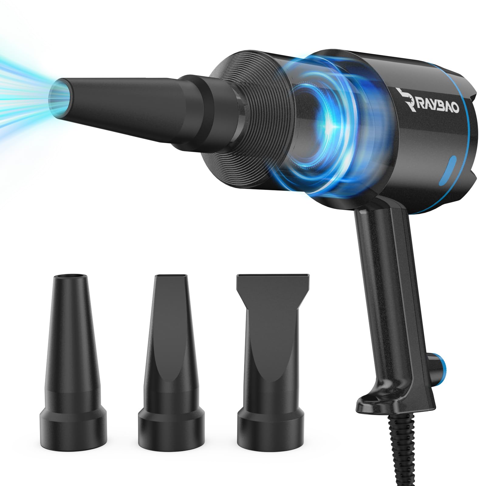 RAYBAO front view of air cannon showing controls and nozzle, fast drying benefit