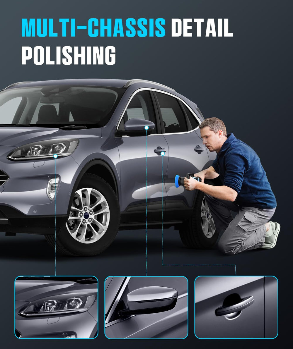 RAYBAO polisher detailing door handle showing tight-area access and paint protection
