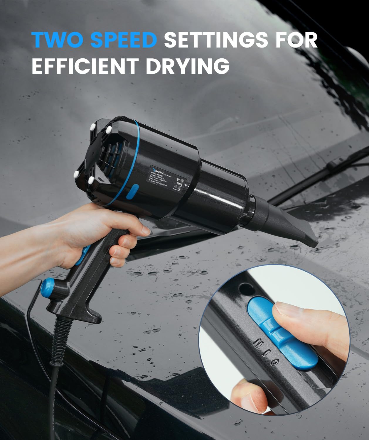 RAYBAO side profile with 5m rubber cord demonstrating reach and convenience benefit