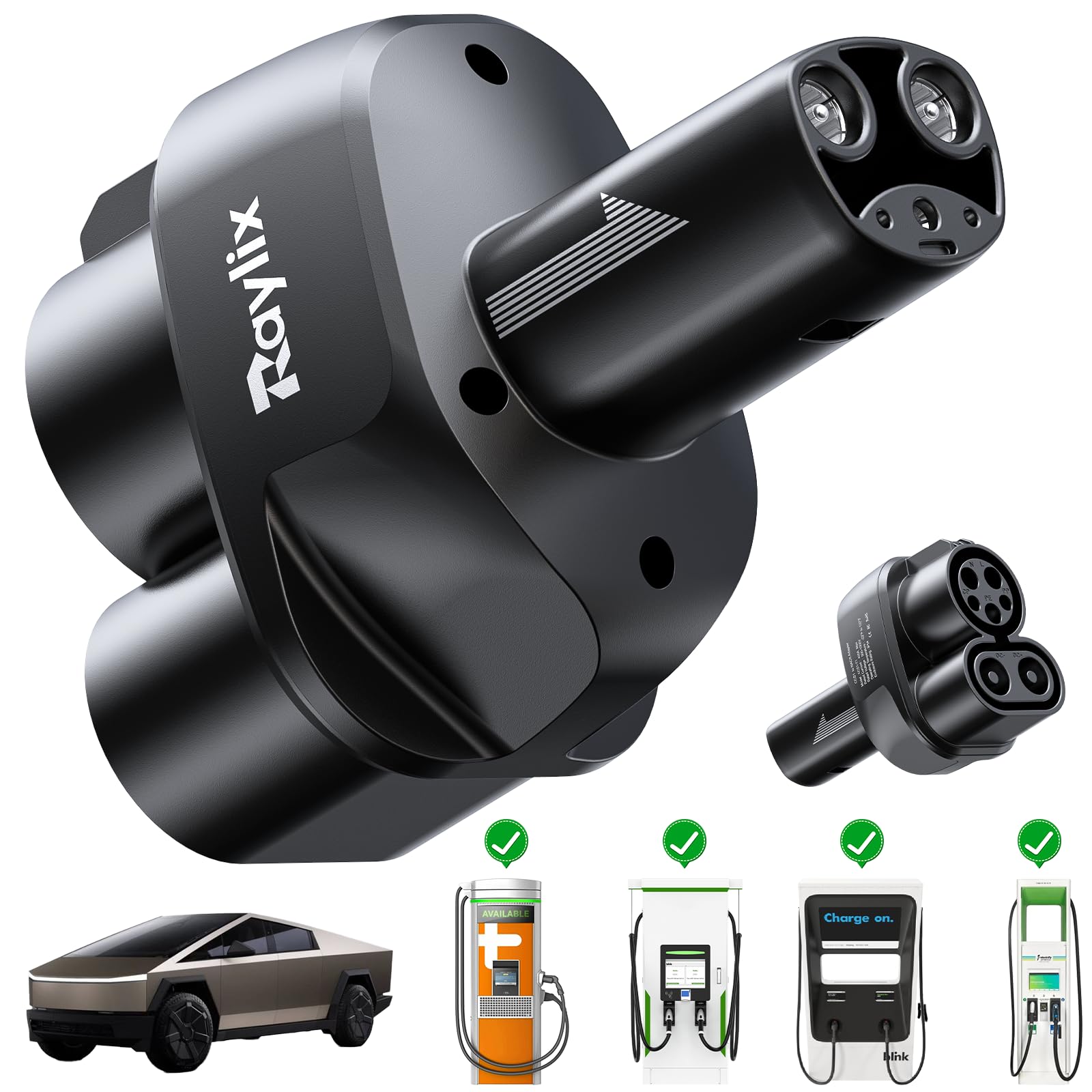 Raylix adapter front view showing connector and durable housing for reliable charging
