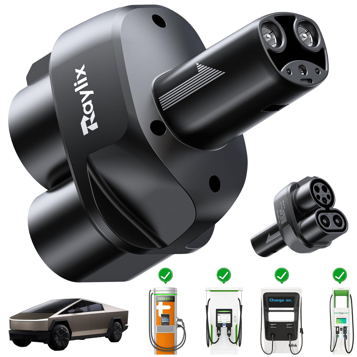 Raylix adapter front view showing connector and durable housing for reliable charging