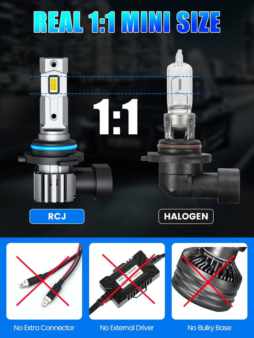 RCJ compact 1:1 size comparison with stock bulb for easy plug-and-play fitment