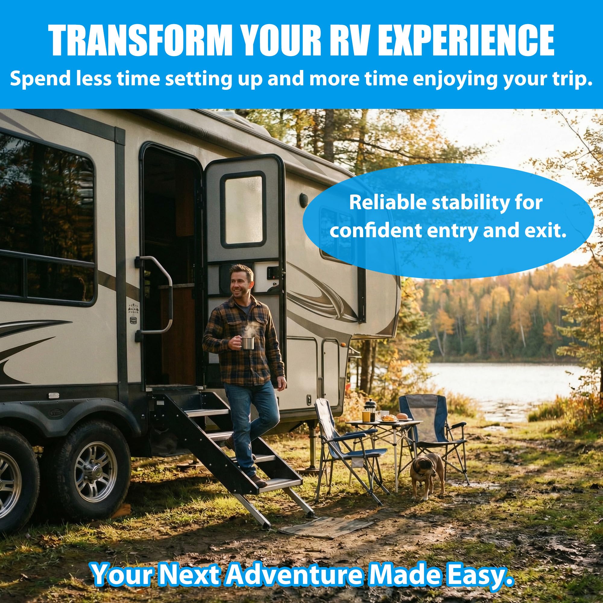 RCKIM lifestyle image at RV entry showing faster, safer step adjustments