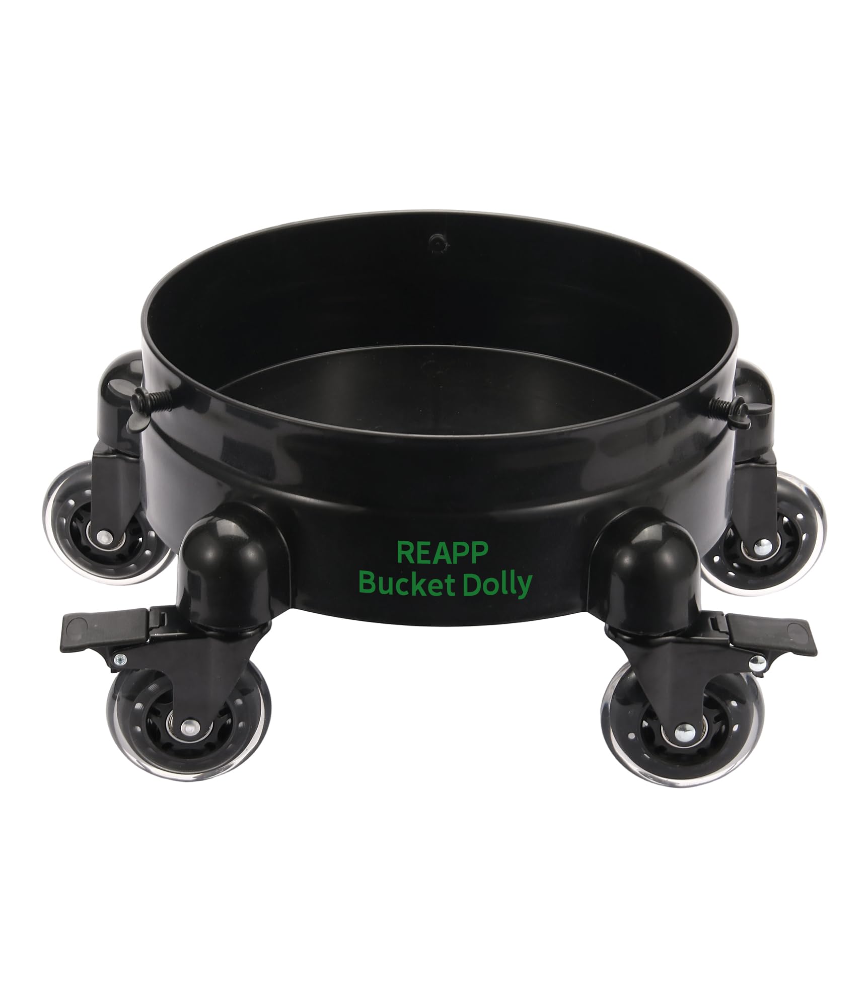 REAPP bucket dolly front profile showing sturdy platform and wheel placement for stability