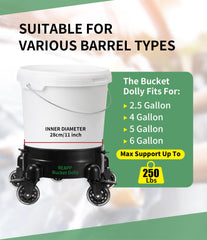 REAPP bucket dolly urethane caster detail showing smooth-rolling wheels over rough surfaces