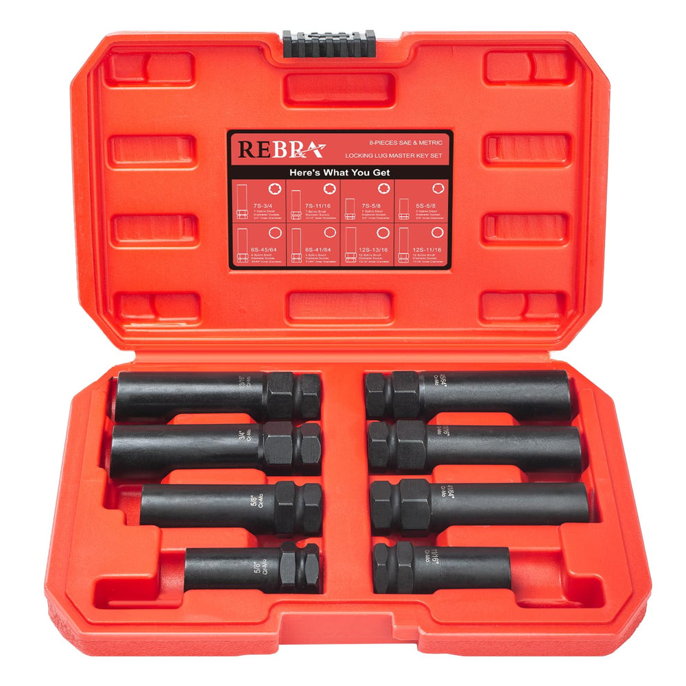 REBRA front packaging showing all eight spline lug nut keys for compatibility