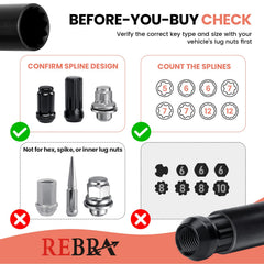 REBRA laser-etched size markings on keys for quick selection in darkness