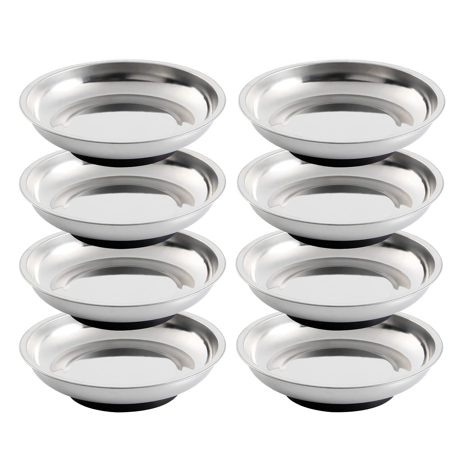 Rechabite front view of eight stainless steel magnetic trays showing organized parts