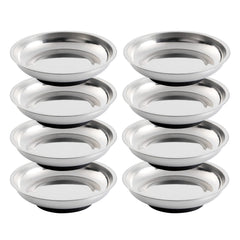 Rechabite front view of eight stainless steel magnetic trays showing organized parts