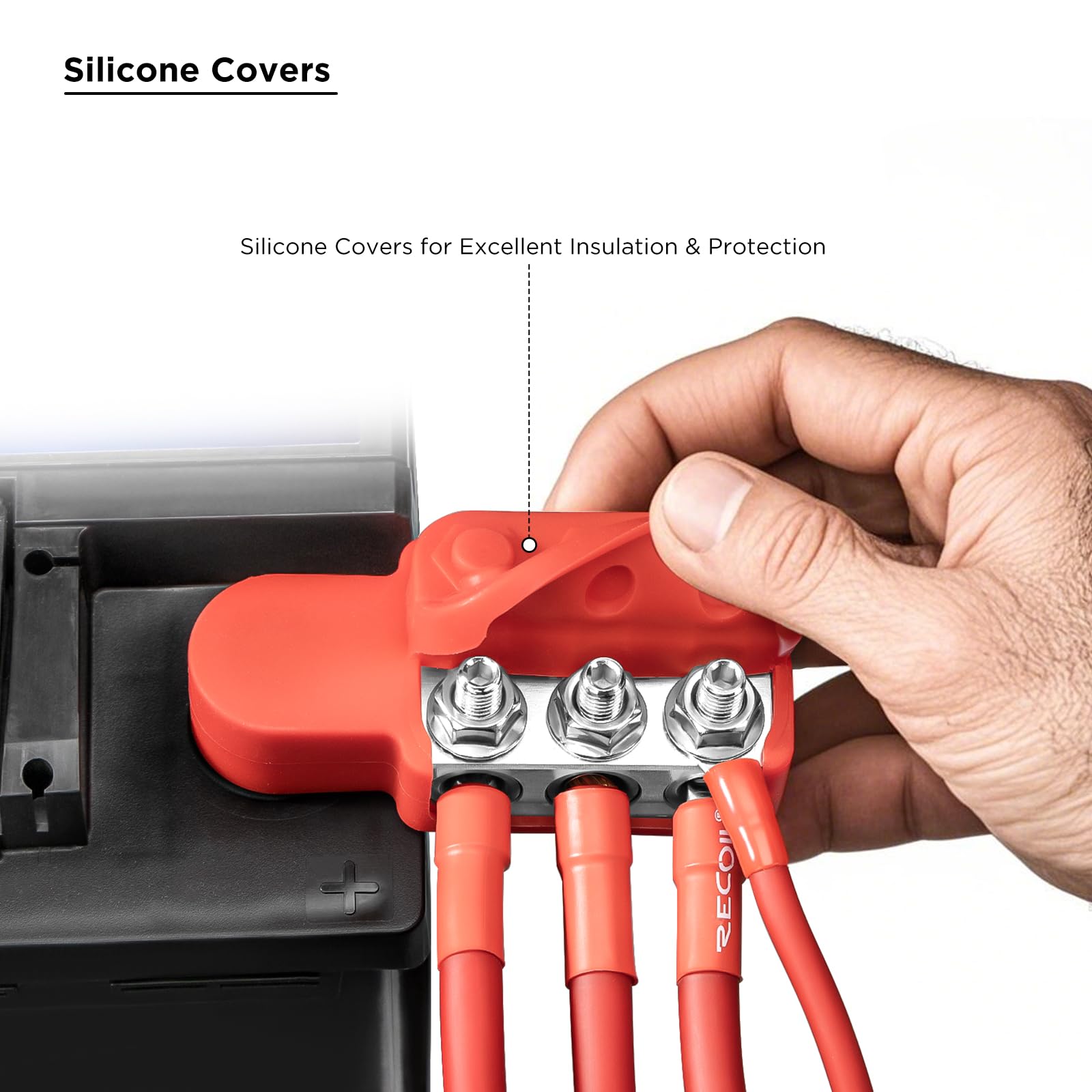 RECOIL ABT12 red and black silicone covers protecting terminals and preventing shorts