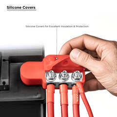 RECOIL ABT12 red and black silicone covers protecting terminals and preventing shorts