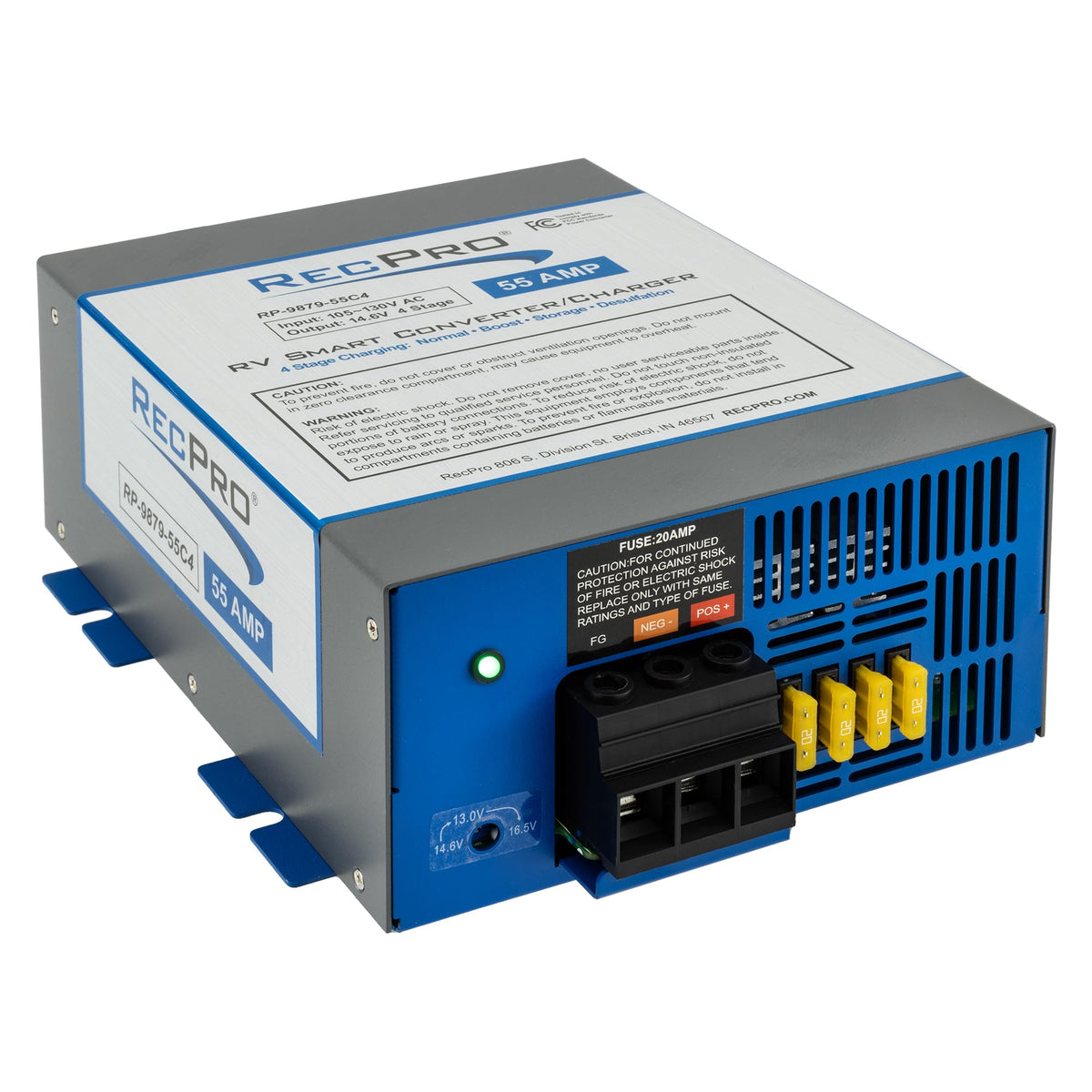RecPro 55 Amp front panel showing controls and benefits of easy access