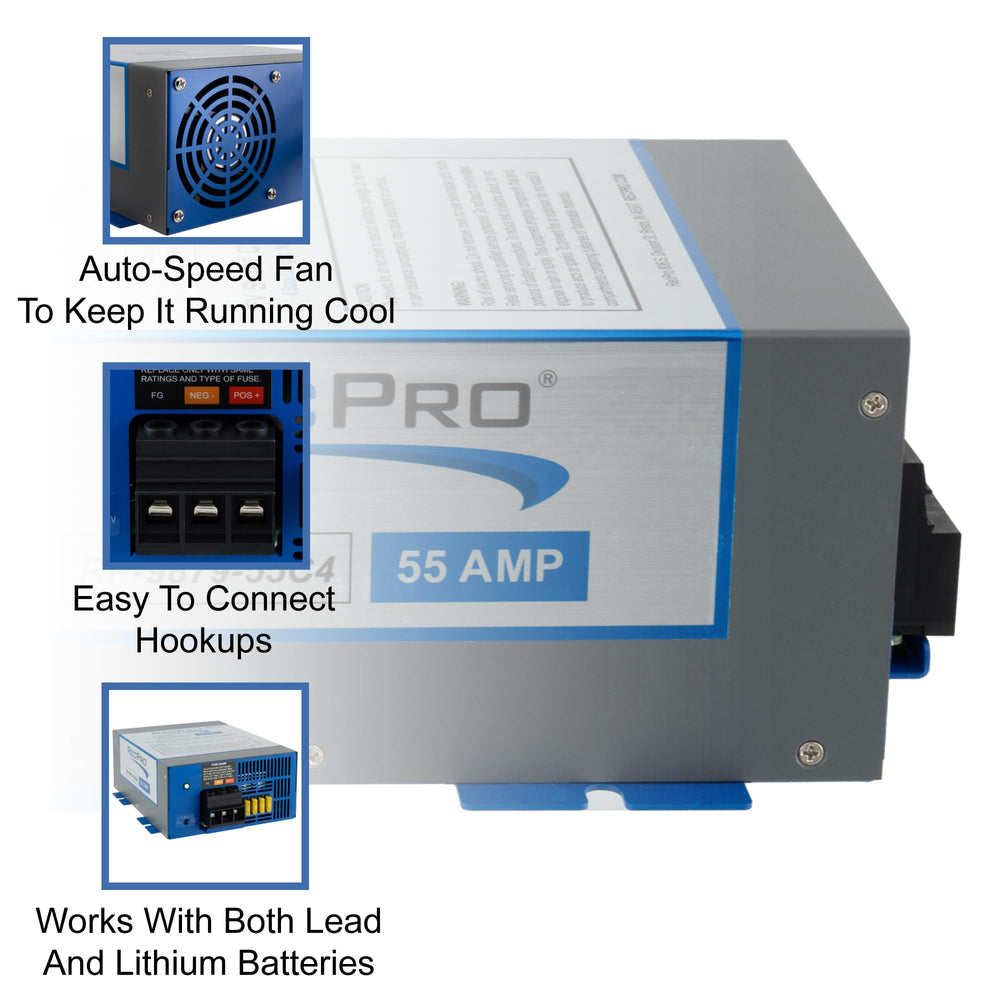 RecPro 55 Amp mounted in RV bay providing dependable onboard power