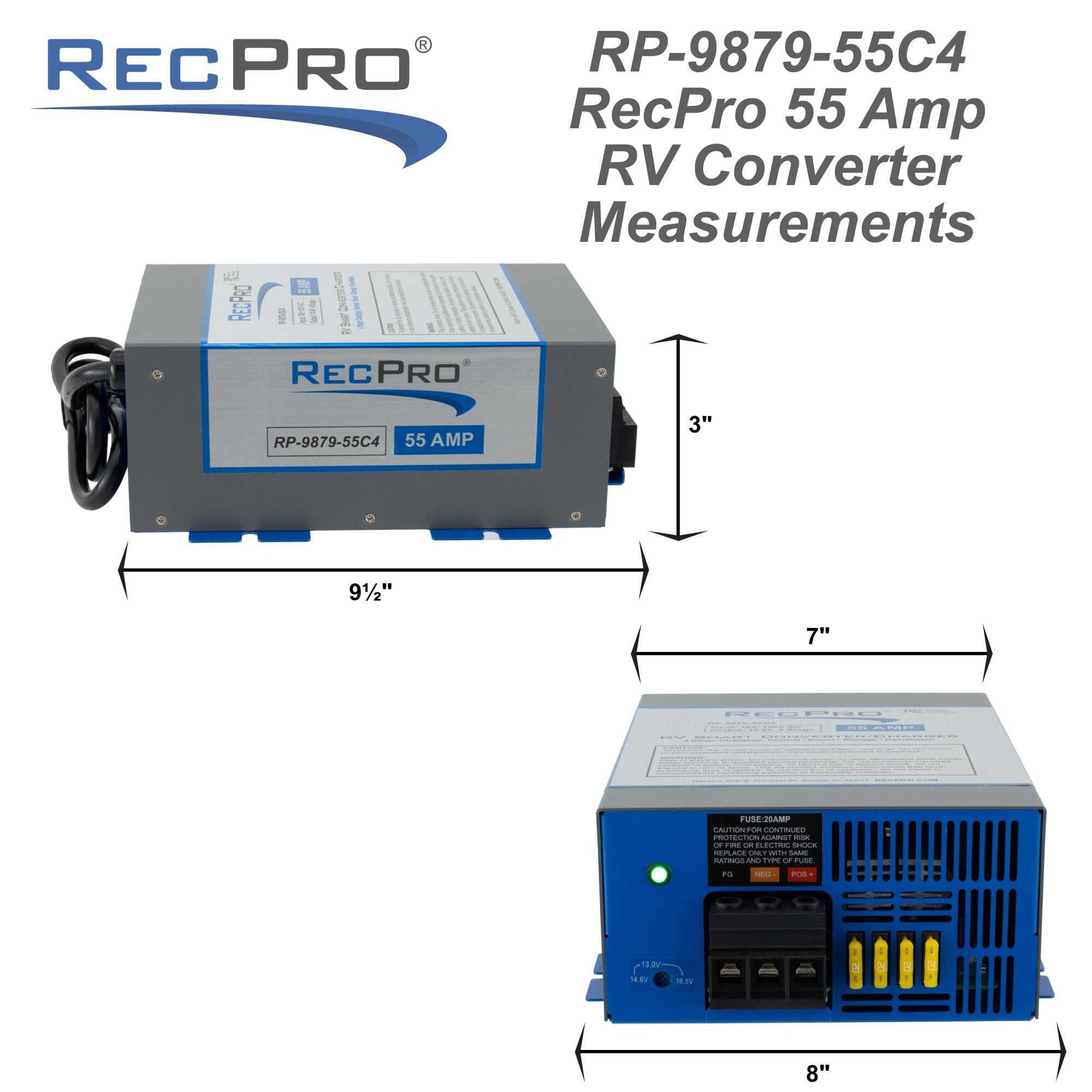 RecPro 55 Amp next to hand for scale showing compact form factor