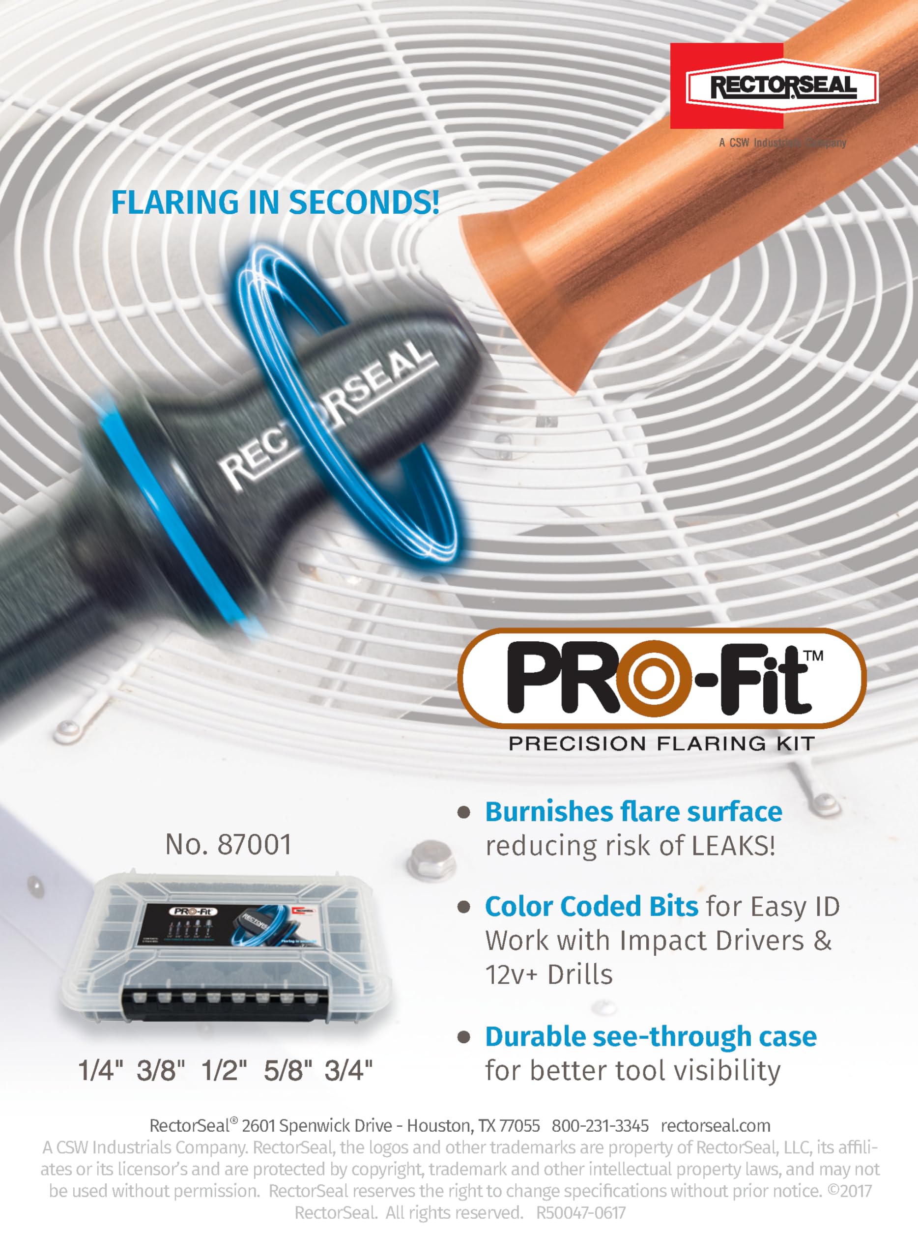 RectorSeal flaring bit installed in drill creating a quick 45° flare on copper