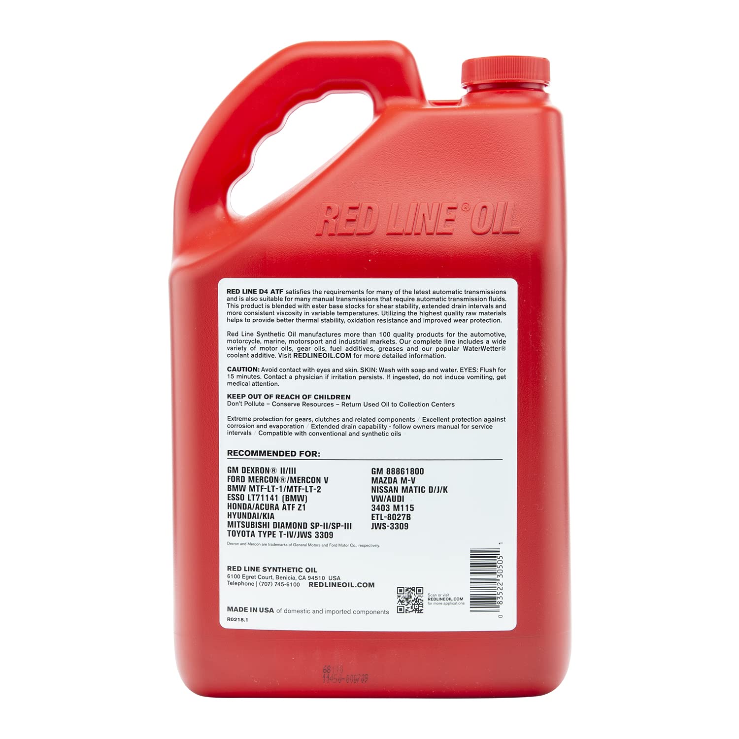 Red Line bottle on garage shelf with tools, conveys professional reliability benefit