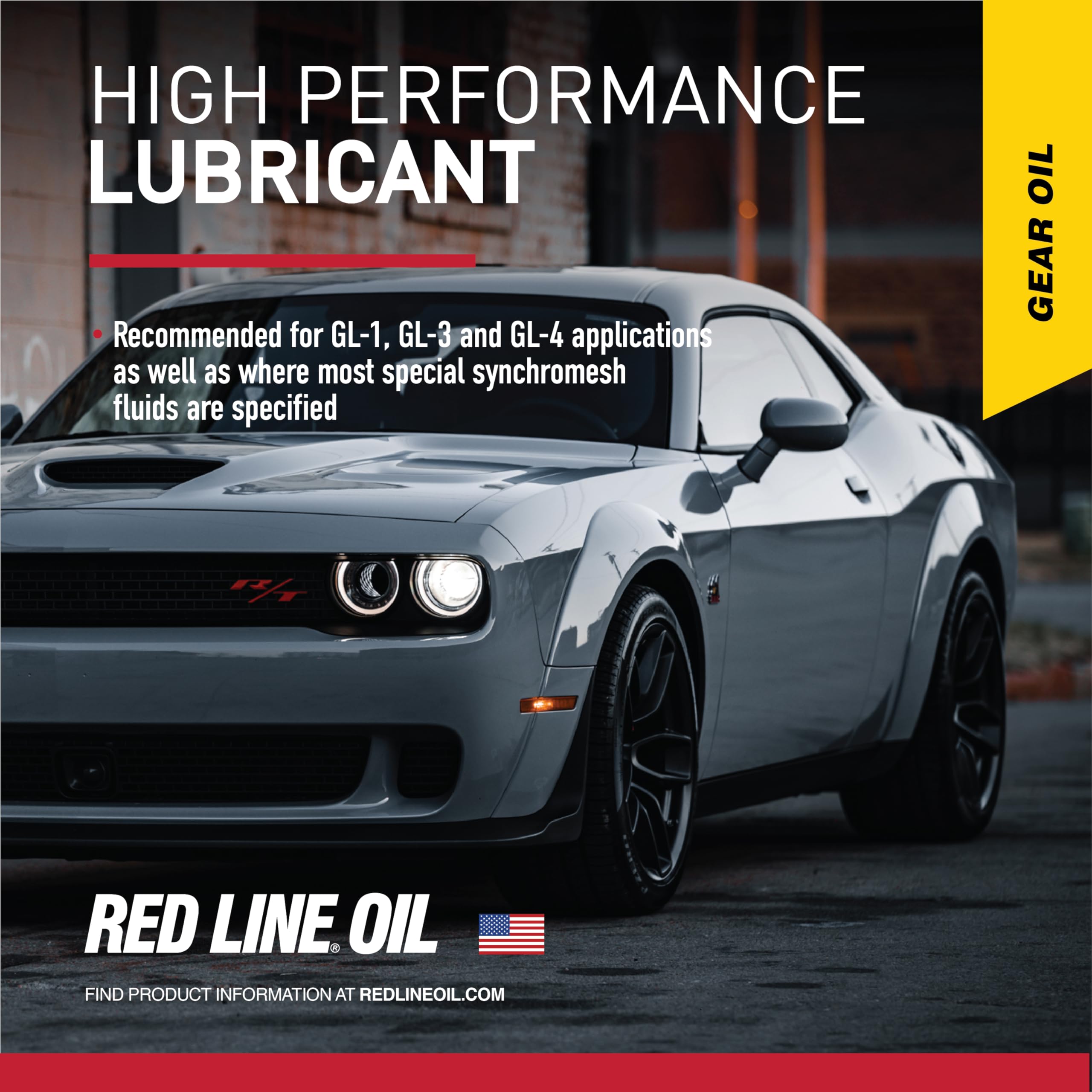 Red Line product positioned beside a manual transmission in a workshop, showing correct application benefit