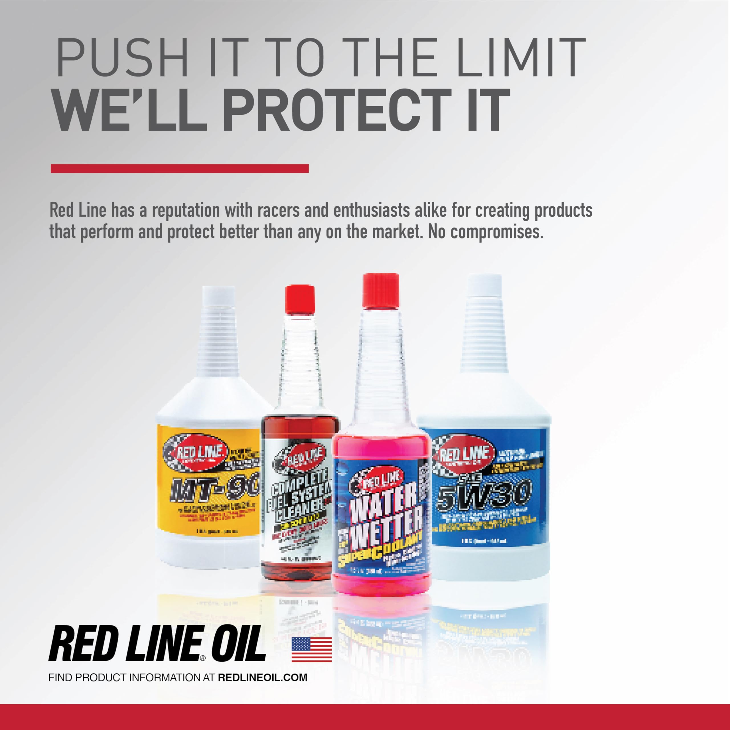 Red Line bottle in a workshop setting illustrating reliability for performance builds