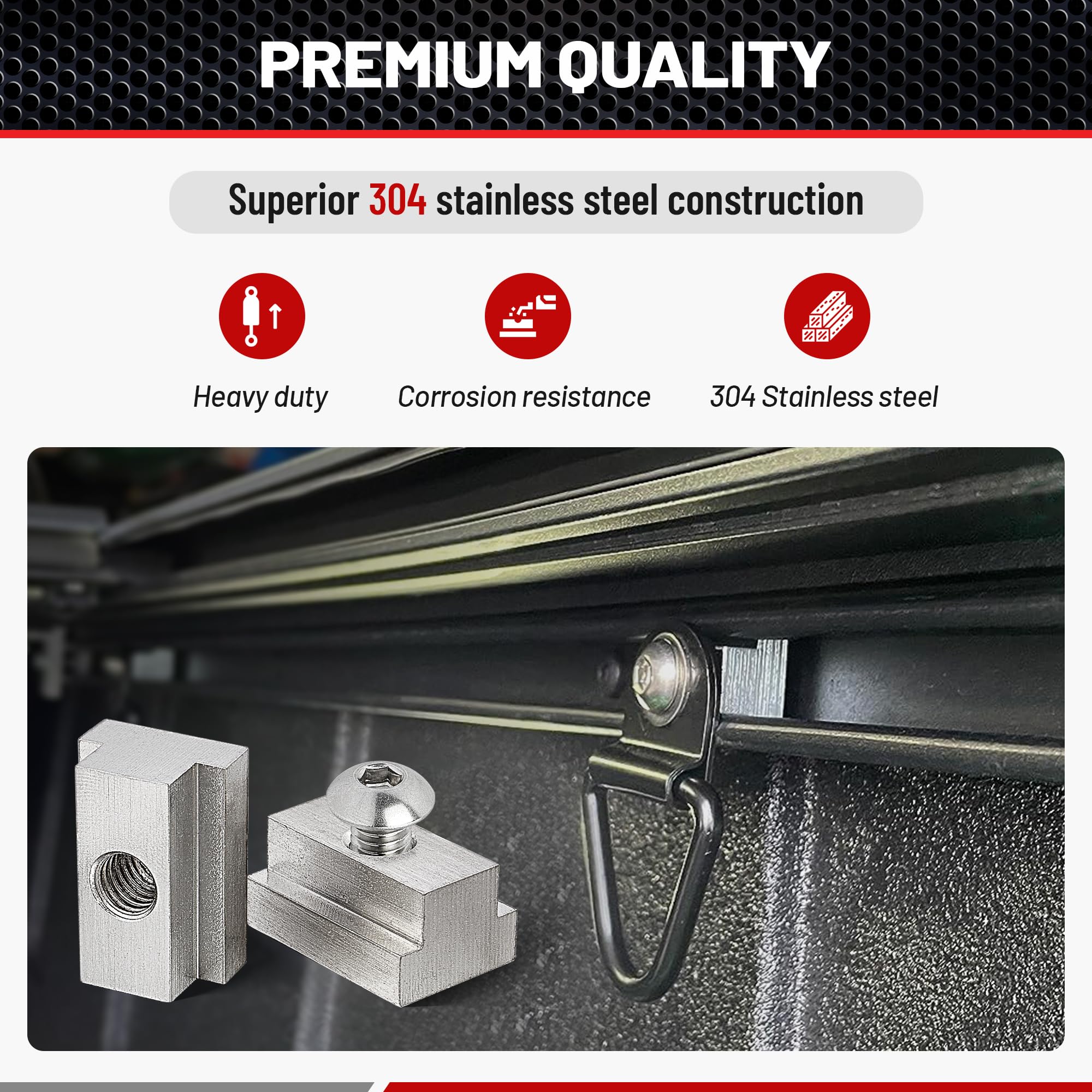 RED WOLF T-slot nut sliding into pickup bed rail channel demonstrating tool-free placement