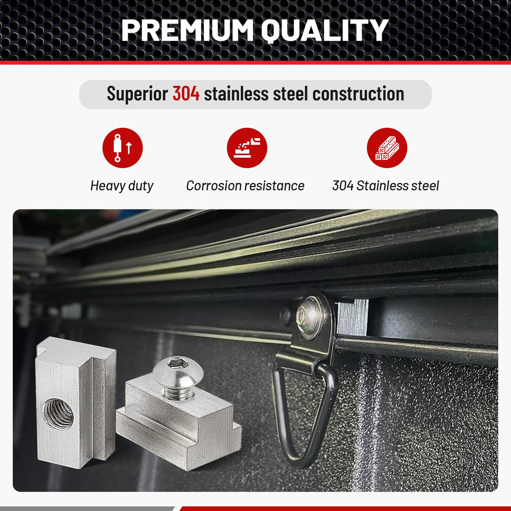 RED WOLF T-slot nut sliding into pickup bed rail channel demonstrating tool-free placement