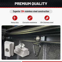 RED WOLF T-slot nut sliding into pickup bed rail channel demonstrating tool-free placement