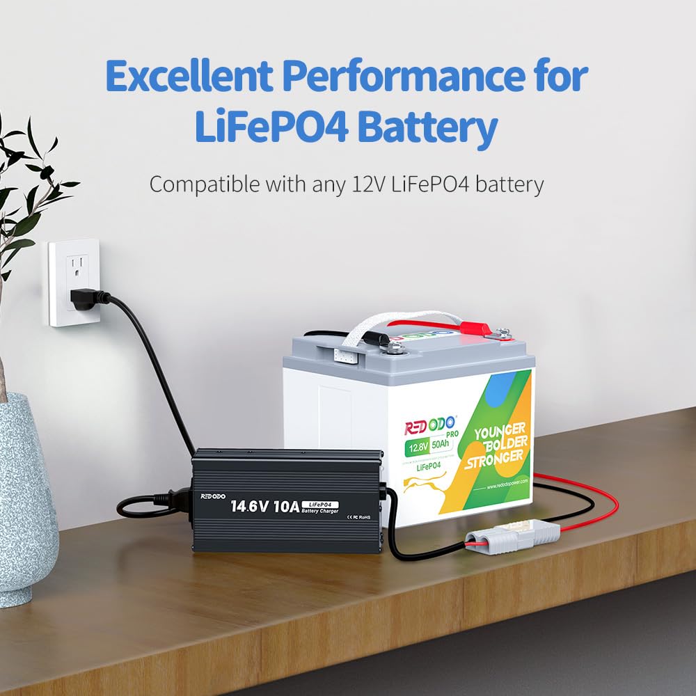 Redodo in-use connected to an RV battery showing fast charging benefit