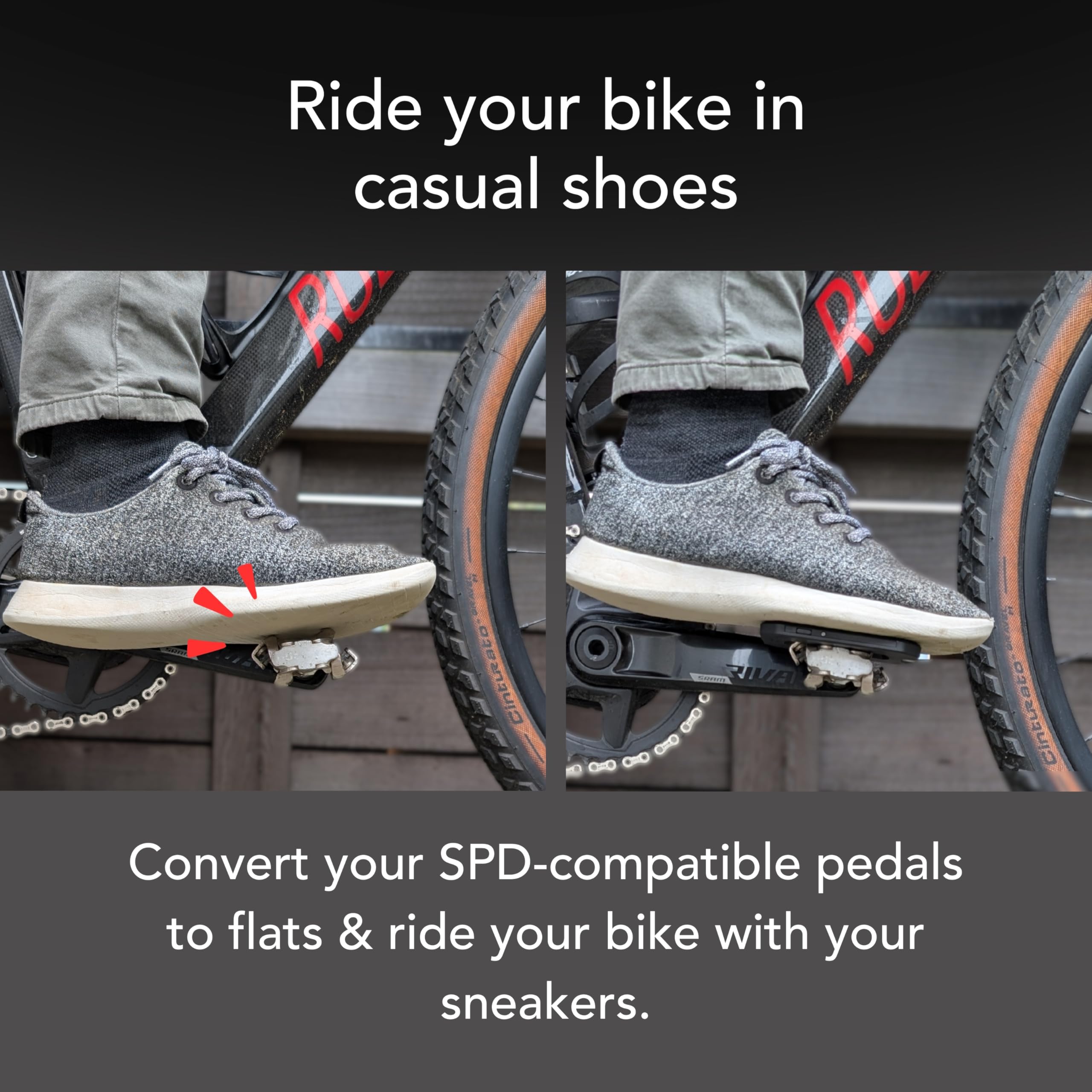 REDSHIFT Mousetrap installed on SPD pedal for stable casual-shoe riding